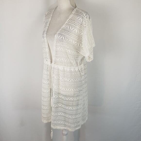 Alexa & Stella White Crochet Mesh Drawstring Waist Short Sleeve Swim Cover Up L - Picture 4 of 9
